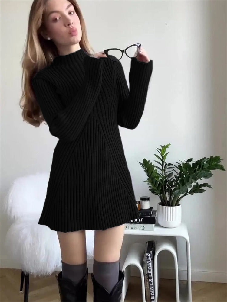 Long sleeved tight knit dress with a semi high collar - WanderVan - WanderVan