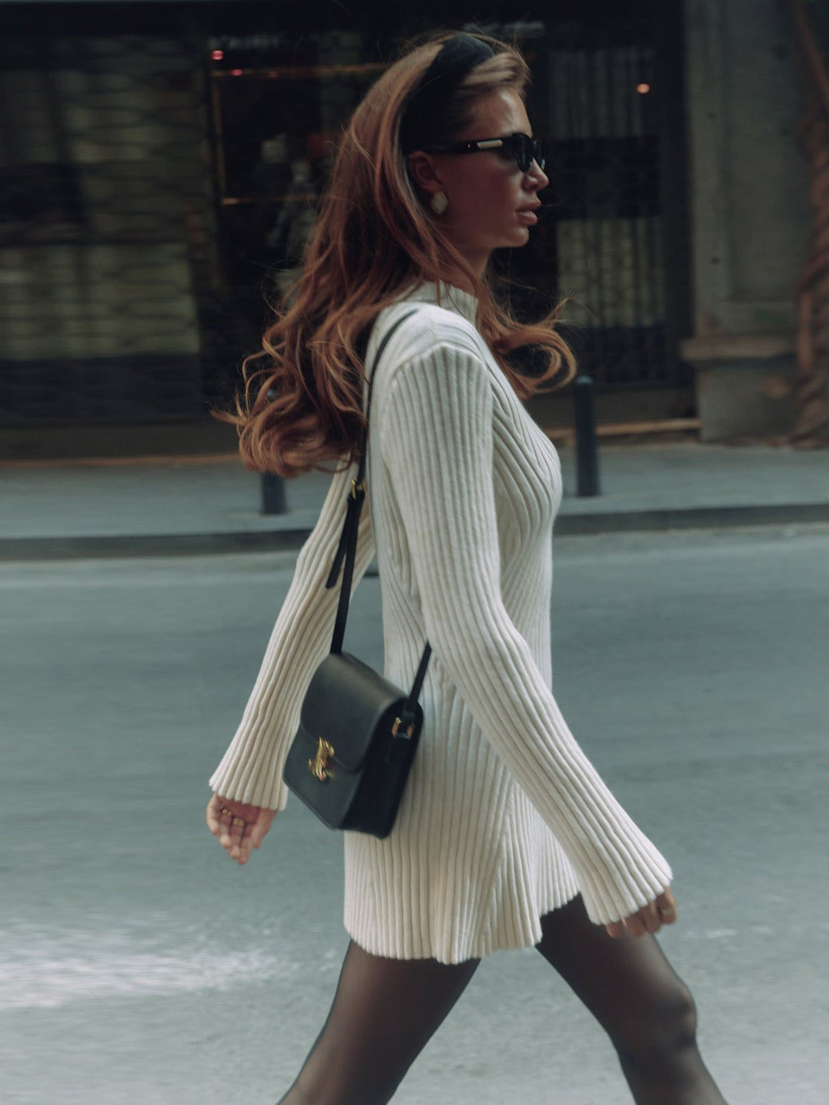 Long sleeved tight knit dress with a semi high collar - WanderVan - WanderVan