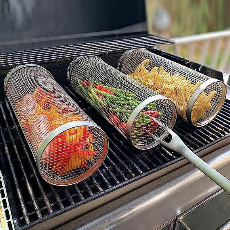 Rolling Grilling Basket Metal BBQ Barbecue Basket Net Portable Outdoor Camping Barbecue Rack Kitchen Gadgets - WanderVan