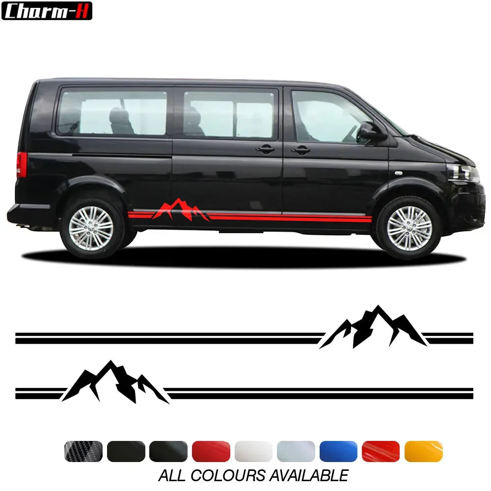 2 PCS for VOLKSWAGEN VW TRANSPORTER T4 T5 T6 Car Styling Stickers Camper Van Mountain Stripe Graphics Door Side Skirts Decals - WanderVan