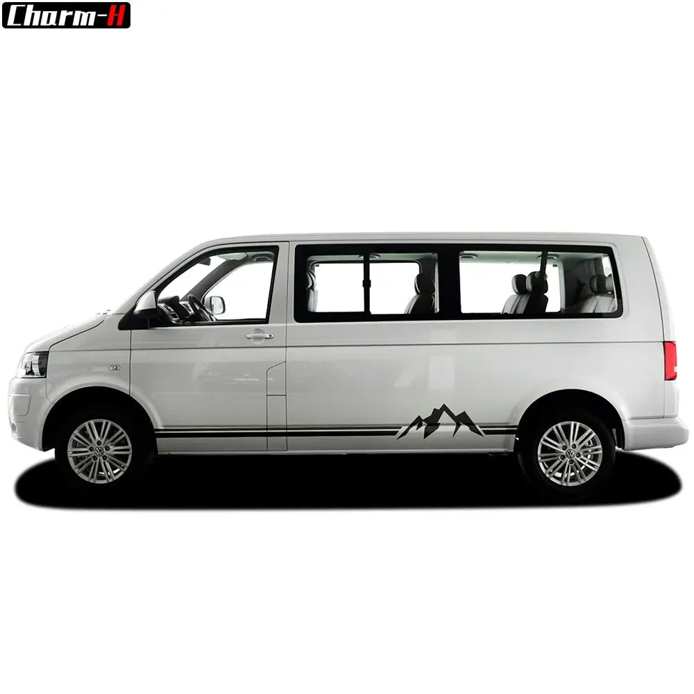 2 PCS for VOLKSWAGEN VW TRANSPORTER T4 T5 T6 Car Styling Stickers Camper Van Mountain Stripe Graphics Door Side Skirts Decals - WanderVan