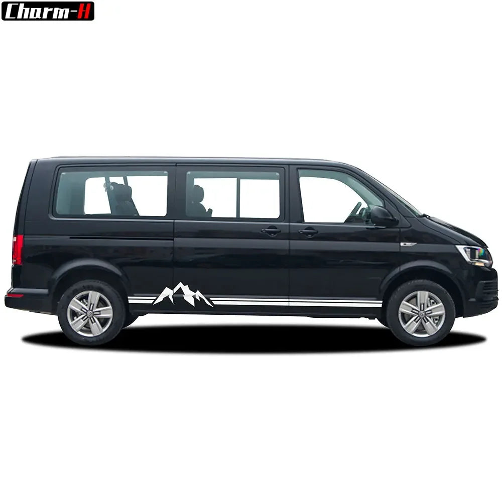 2 PCS for VOLKSWAGEN VW TRANSPORTER T4 T5 T6 Car Styling Stickers Camper Van Mountain Stripe Graphics Door Side Skirts Decals - WanderVan