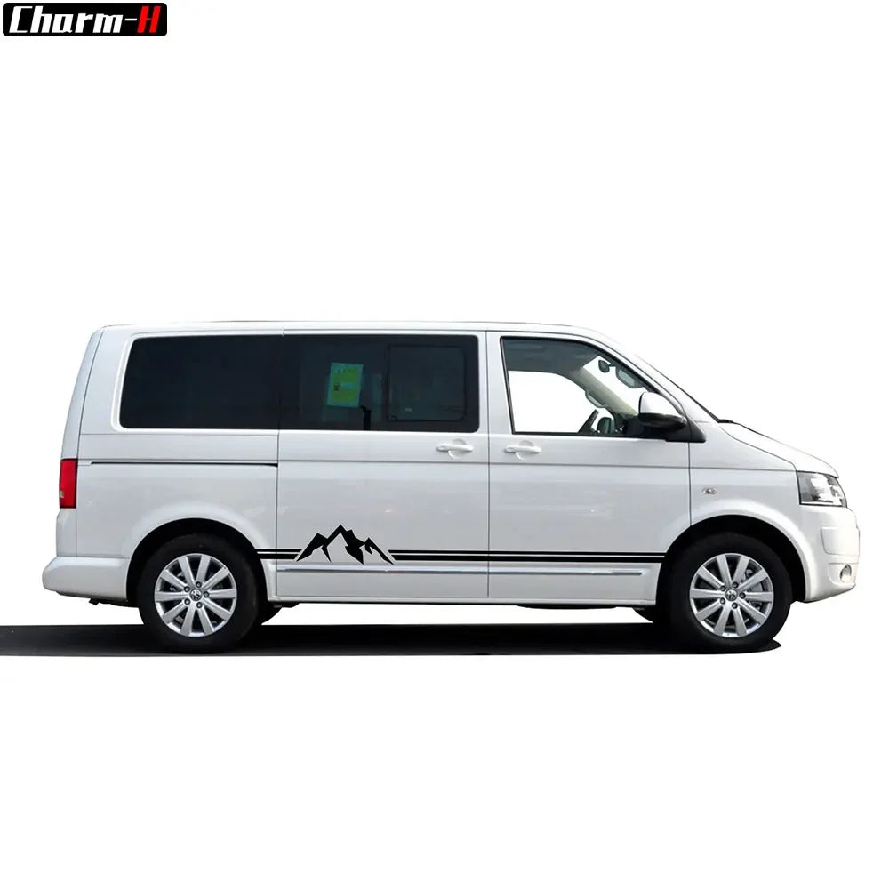 2 PCS for VOLKSWAGEN VW TRANSPORTER T4 T5 T6 Car Styling Stickers Camper Van Mountain Stripe Graphics Door Side Skirts Decals - WanderVan