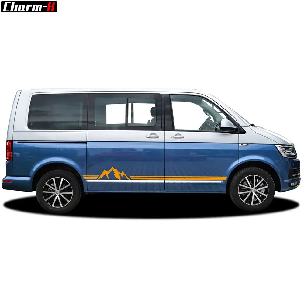 2 PCS for VOLKSWAGEN VW TRANSPORTER T4 T5 T6 Car Styling Stickers Camper Van Mountain Stripe Graphics Door Side Skirts Decals - WanderVan